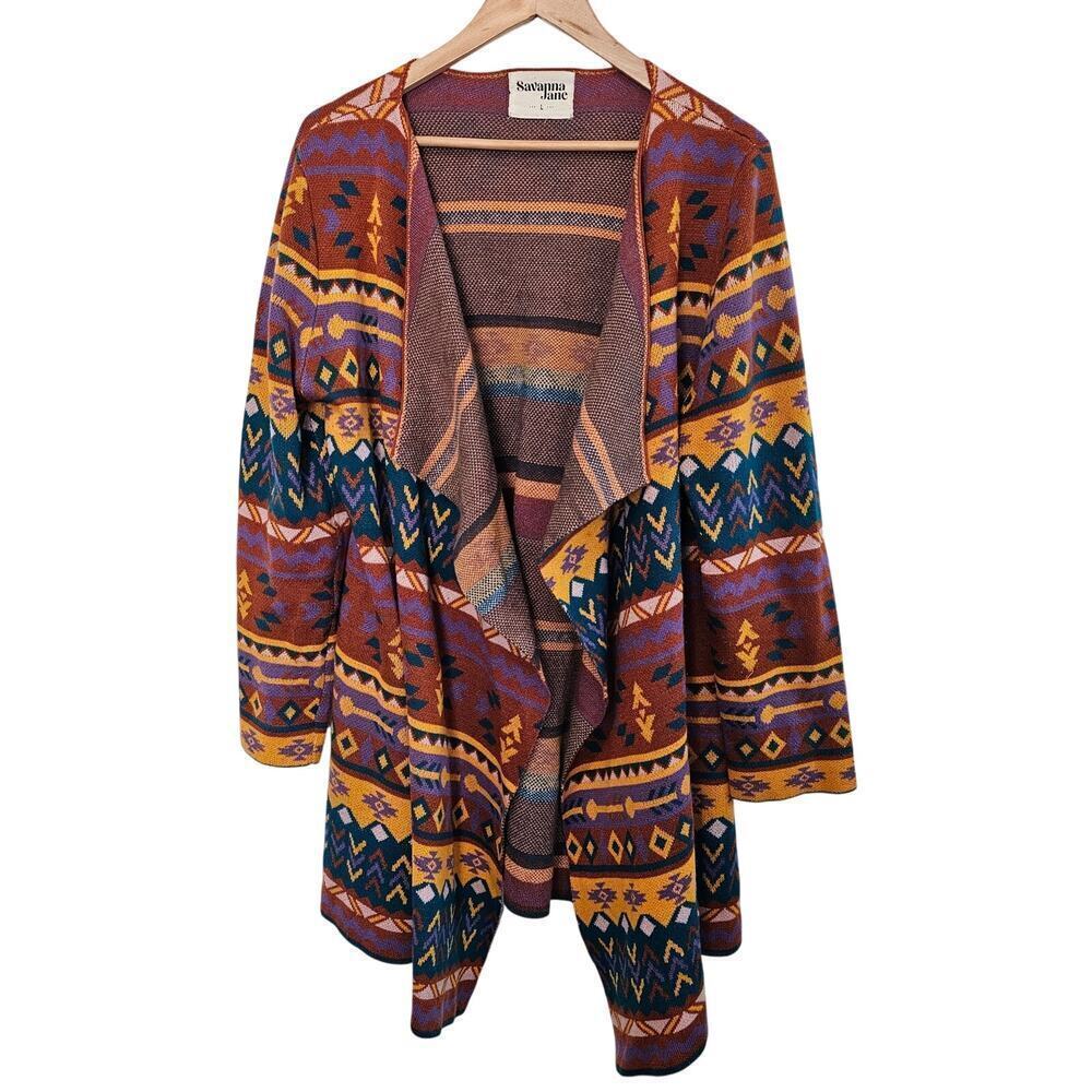 Savanna Jane Open Cardigan Women Large Brown Geometric Southwestern Western
